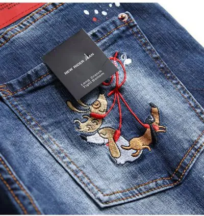 High End iHand Painted Multi Hole Adhesive Fabric Worn Pants, Jeans