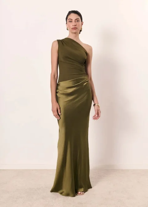 Women One-Shoulder Satin Patchwork Sexy Maxi Dress