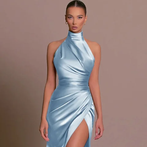 Sleeveless Satin Halter Sexy Maxi Women Dress
