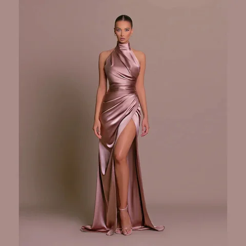 Sleeveless Satin Halter Sexy Maxi Women Dress