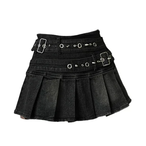 Women's Blue Black Riveted Belt Denim Mini Skirt