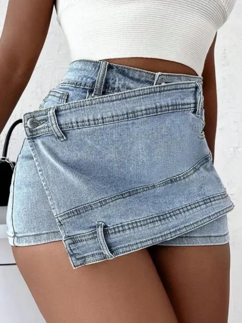 Women Fashion Denim Mini A-Line Wrap Stretch Jean Shorts