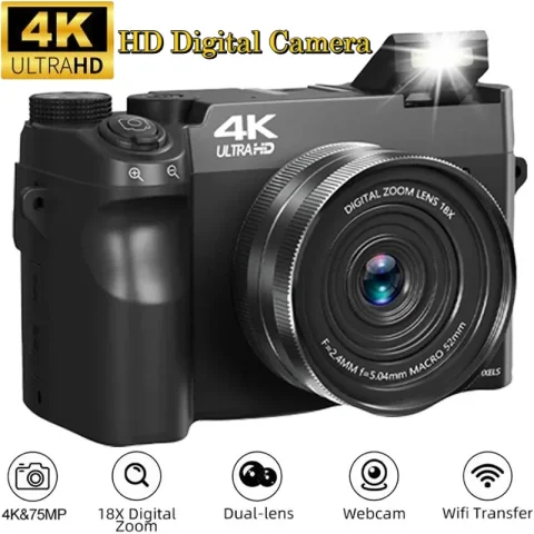 4K HD Digital Camcorder Dual 75MP 18X Zoom 3.0-inch Screen Cameras AF Autofocus Anti-Shake with   Flashlight For Photography